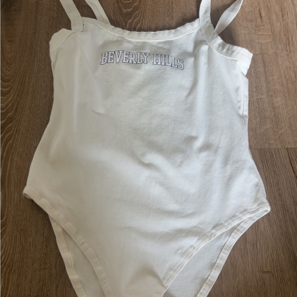 Forever 21 White Bodysuit with Beverly Hills Print